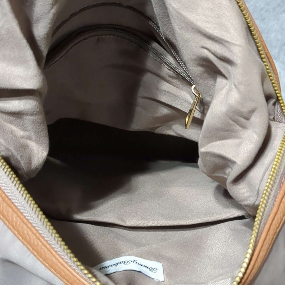 Tommy Bahama Lilac Nylon Campus Travel Laptop Backpack Tan Faux Leather NWOT - Picture 9 of 10